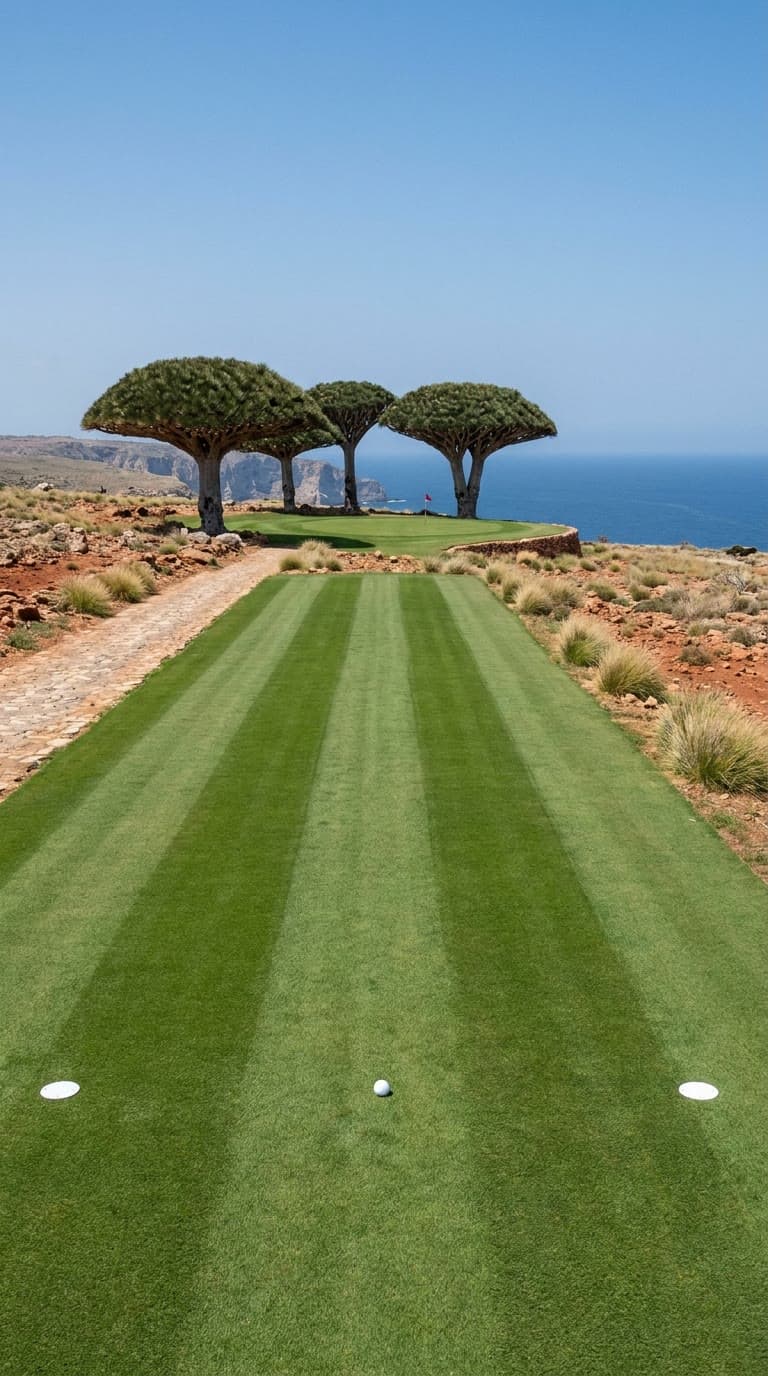 AI-imagined golf hole: a par 3 across a red rock plateau to a green under three dragon's blood trees above the sea