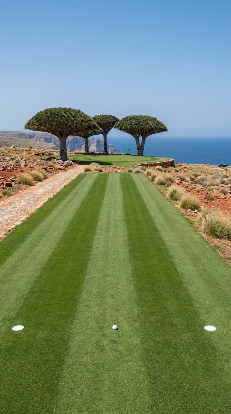 AI-imagined golf hole: a par 3 across a red rock plateau to a green under three dragon's blood trees above the sea