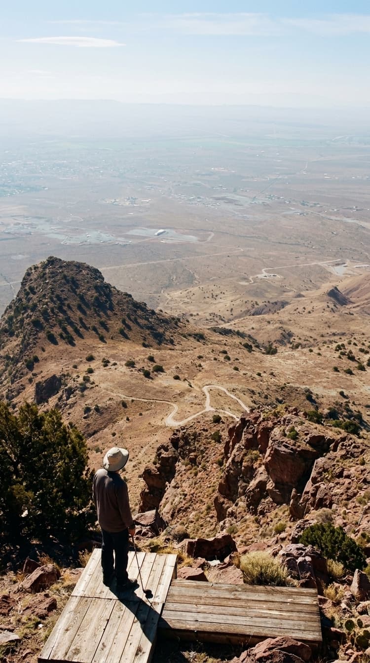 A tee made of weathered timber crates on the bare red rock summit of a desert mountain in New Mexico, a golfer standing on the boards looking out over a huge drop, dirt tracks switchbacking down brown scrub covered foothills far below, and a hazy desert valley with a small town stretching to distant mesas on the horizon