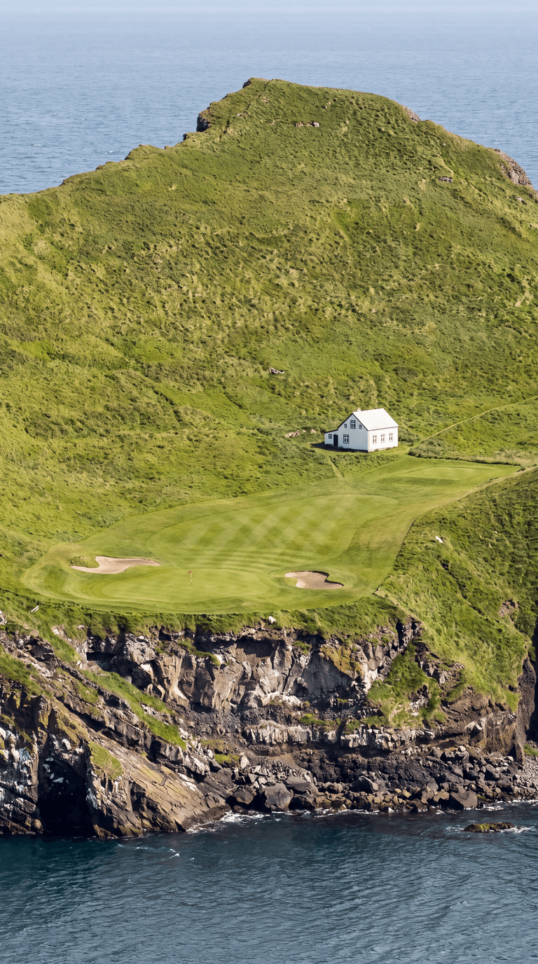 AI-imagined golf hole: a short par 3 on a small green topped island in the North Atlantic, played from a small mown tee below a lone white house with a black roof, along a narrow strip of fairway on a flat grassy shelf to a green with two pale bunkers and a red flag set near the edge of sheer basalt sea cliffs