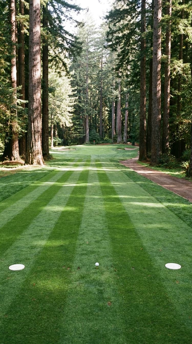AI-imagined golf hole: a par 3 down a mown corridor between giant coast redwoods to a green with an apron in front