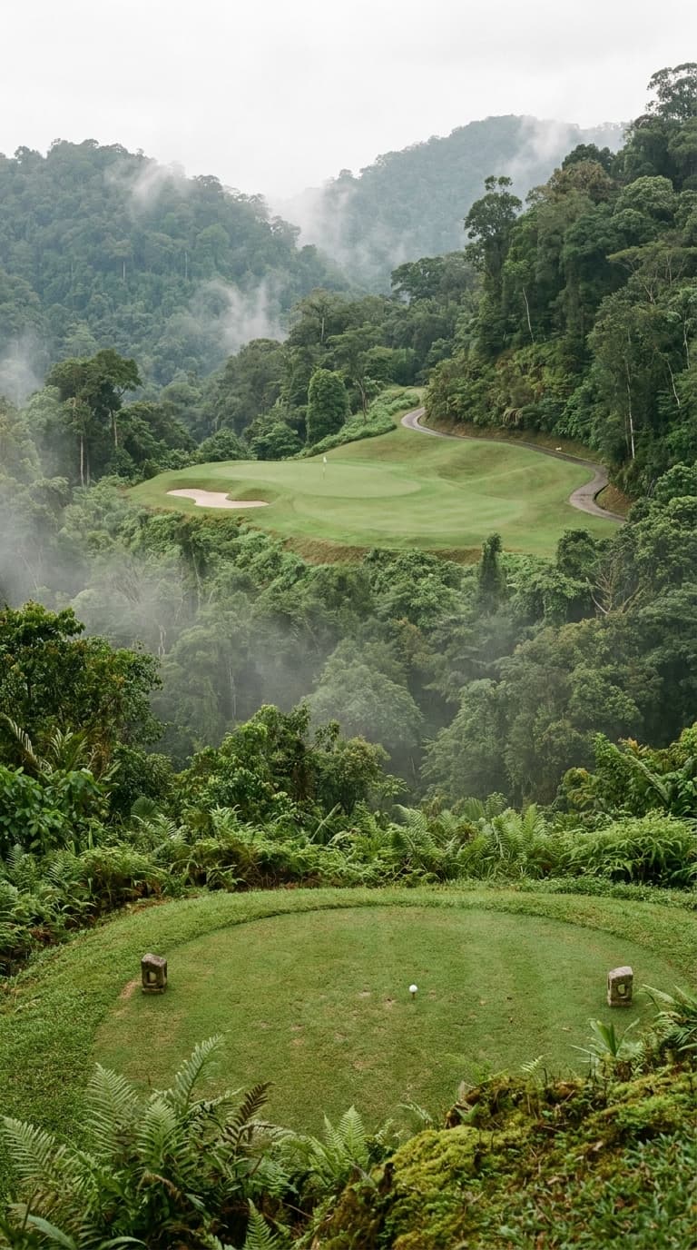 AI-imagined golf hole: a par 3 to a green clinging to a jungle mountainside deep in the rainforest