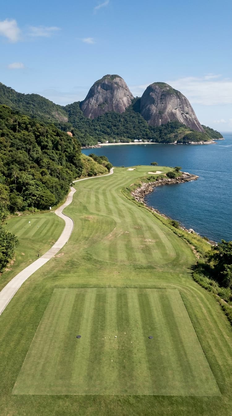 A short par 4 played from a striped tee along a narrow shelf of coastline between steep rainforest on the left and a rocky shore on the right, a cart path running the length of the hole, a green with one bunker on a low headland, and two enormous bare granite peaks rising out of the water across the bay behind it