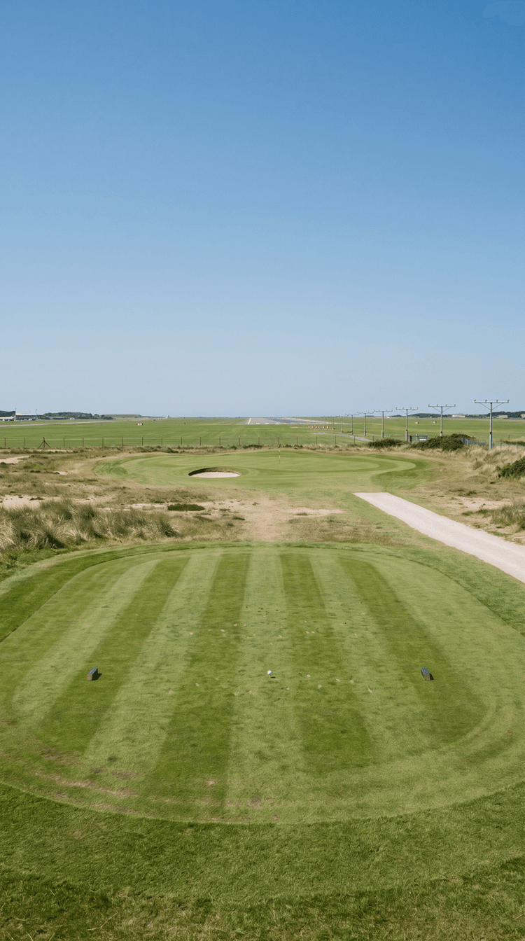 A short par 3 on flat links ground at the end of an airport, played from an immaculate striped tee across pale sandy rough to a plain green with one bunker and a red flag, with an airport boundary fence and a line of approach lights running away to the horizon beyond it