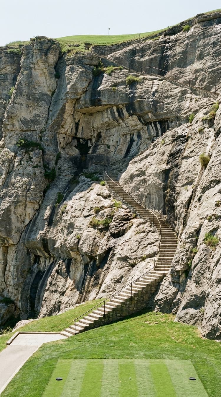 A short par 3 played from a striped tee on a valley floor straight up a four hundred foot limestone wall to a green on the clifftop, a cut stone stairway with an iron handrail zigzagging up the rock face beside it, and beyond the green the land falling away again into open sea
