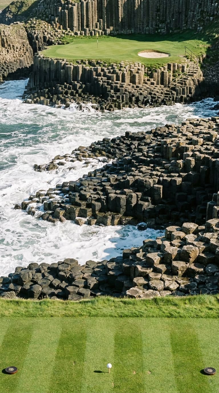 A par 3 played across the sea to a green on the flat top of a raised block of hexagonal basalt columns, thousands of packed grey columns stepping down in tiers into white foaming water, with a cliff of vertical columns standing behind like organ pipes