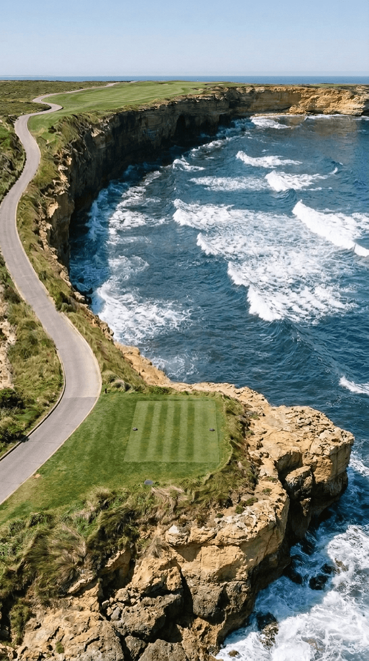A par 4 played from a small striped tee on a golden limestone clifftop straight across the mouth of a deep sea bay, breaking white surf filling the water below, the fairway beginning on the clifftop on the far side and running away to a distant green, a cart path curving round the head of the bay