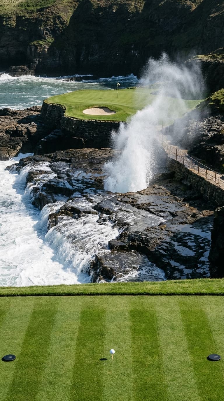 A short par 3 played from a clifftop tee across a broad shelf of dark wet wave cut rock, with a tall column of white spray erupting from a circular blowhole directly on the line of the shot, the green with its single bunker on a raised rock platform just beyond it and heavy surf breaking white against the outer edge of the shelf