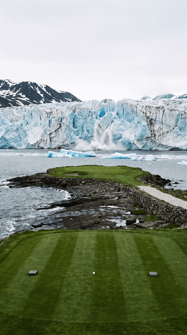 AI-imagined golf hole: a short par 3 played along a low shelf of dark wet bedrock beside a cold sea to a green at the end of it, with the two hundred foot front of a glacier standing across the water behind, a slab breaking off the ice face and falling, and floating white and blue ice blocks packed into the water in front of it