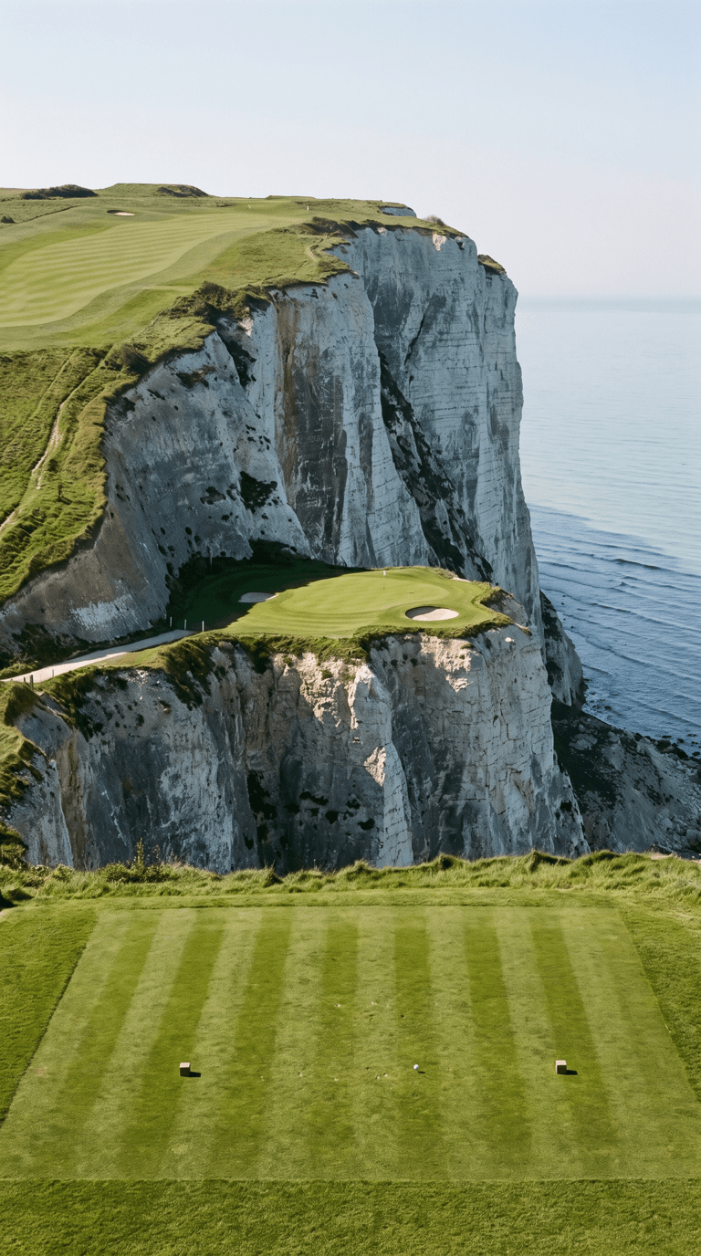 AI-imagined golf hole: a short par 3 played across open air from a clifftop tee to a green on a narrow shelf partway down a colossal white chalk sea cliff, the chalk rising hundreds of feet above the green and falling hundreds of feet below it to a boulder beach and breaking sea, with a bare cut path traversing in to the back of the green and no wall or railing of any kind along it