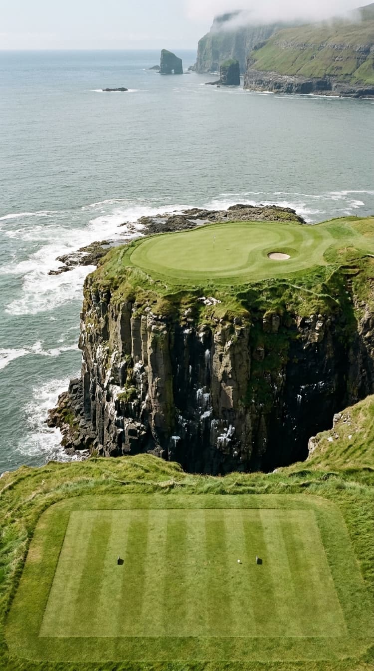 AI-imagined golf hole: a par 3 played from a North Atlantic clifftop tee across open water to a green on the flat top of a basalt sea stack