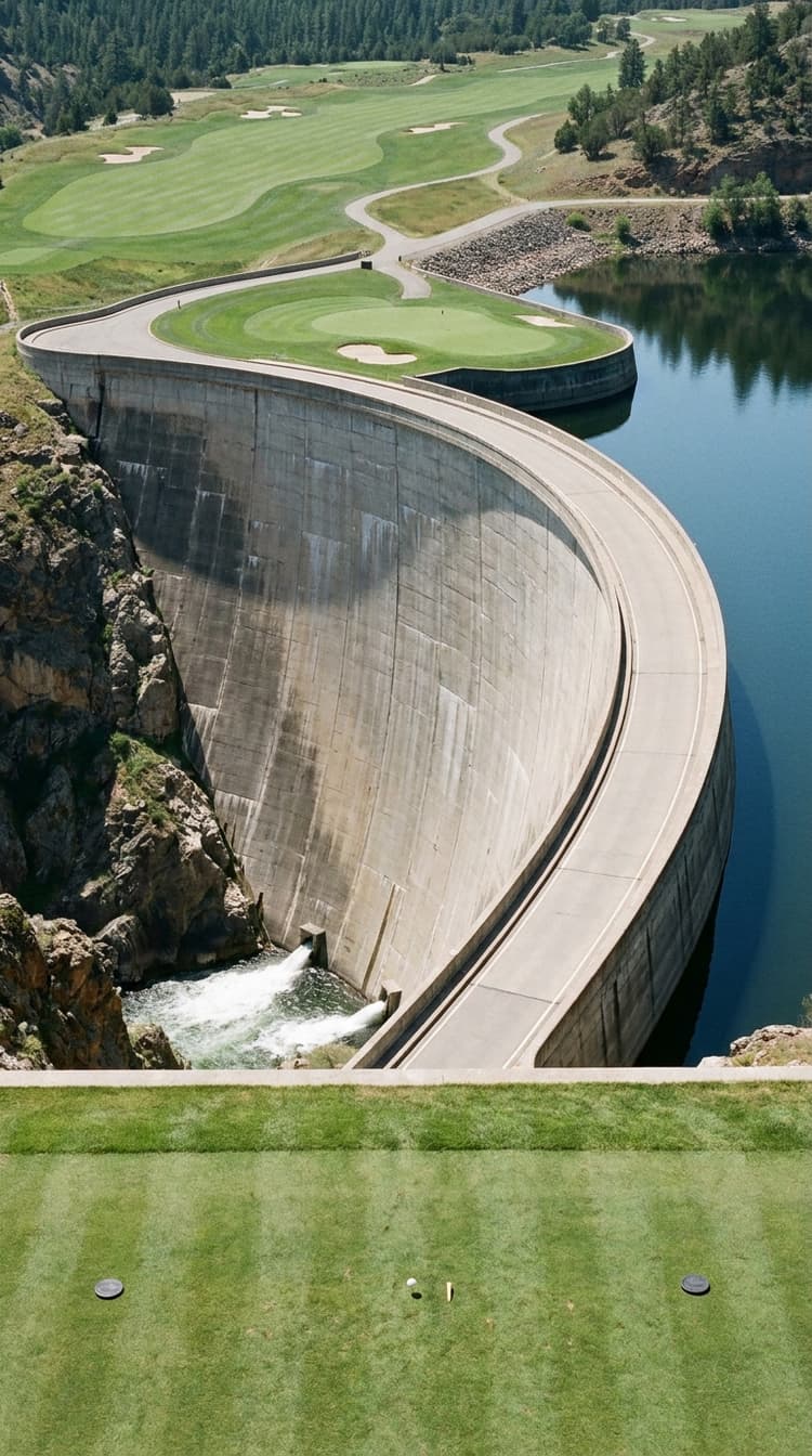 A short par 3 played along the crest of an enormous curved concrete dam, from a striped tee on the crest to a green on a grassy promontory pushed out into the reservoir, the dam wall falling seven hundred feet away on the left with white turbine water boiling at its foot, and mown fairways and a cart path running away into wooded hills beyond