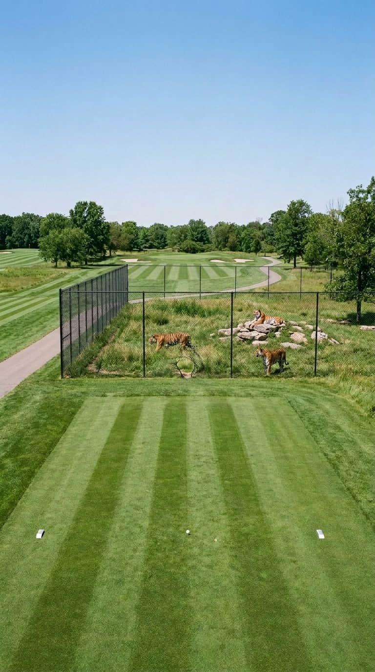 AI-imagined golf hole: a par 3 played over a tiger enclosure fenced with fine mesh, three tigers in the long grass, the fairway and green beyond
