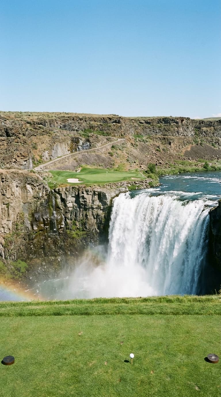 A long par 3 played across a river gorge to a green on a broad grassy ledge at the very lip of a wide waterfall, the whole river pouring over the edge beside the green into a deep plunge pool far below with spray rising and a rainbow standing in it