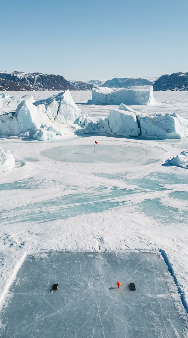 A short par 3 played across frozen sea ice in an arctic fjord, the green a circle swept clear on the ice with a red flag, icebergs locked in the ice all around it and dark snow streaked mountains beyond