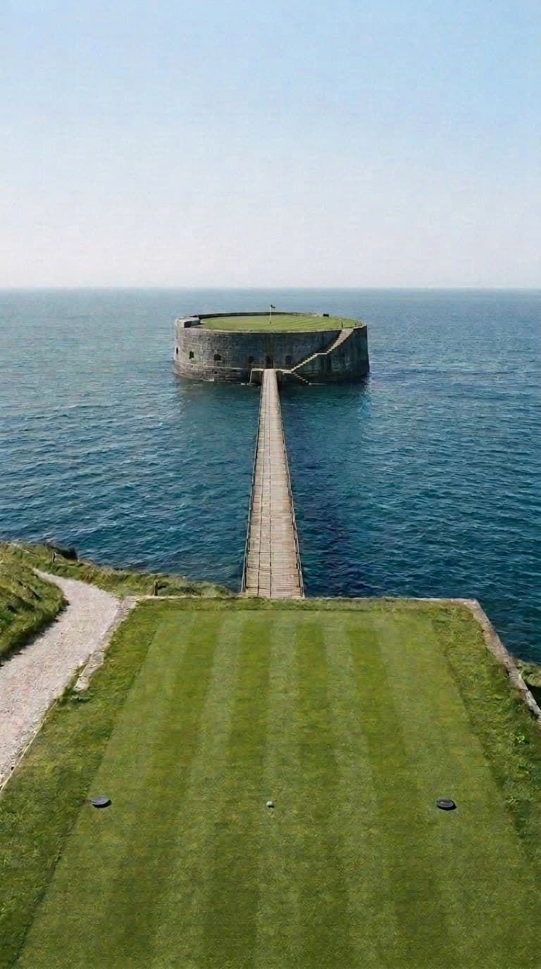 AI-imagined golf hole: a par 3 from a sea wall over open water to a green on the roof of a round granite sea fort, reached by a bare timber pier and granite steps round the wall