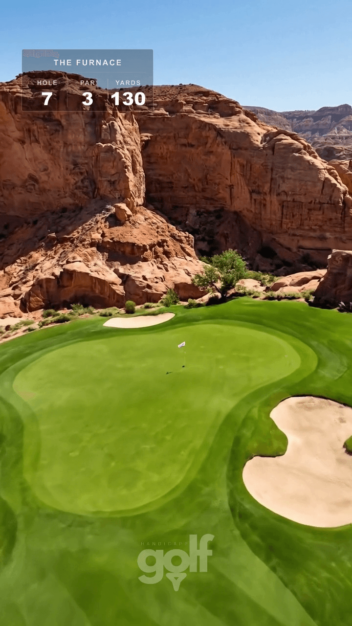 AI-imagined golf hole: a par 3 to an emerald green marooned in a canyon of towering red desert sandstone