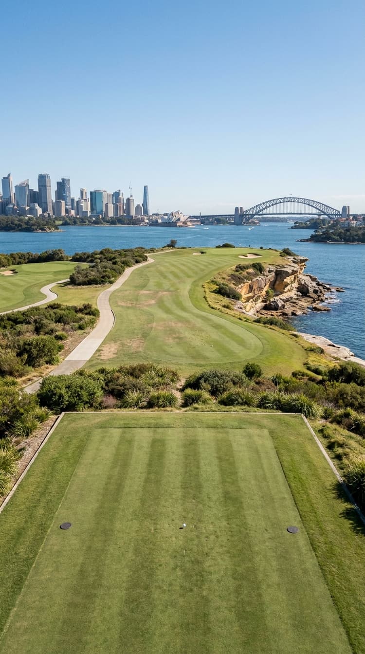 A long par 3 played from a striped tee along the top of a golden sandstone headland, a cart path running down the left, a green with one bunker near the cliff edge, and a harbour city with a wide steel arch bridge and a white shell roofed opera house across the water behind it