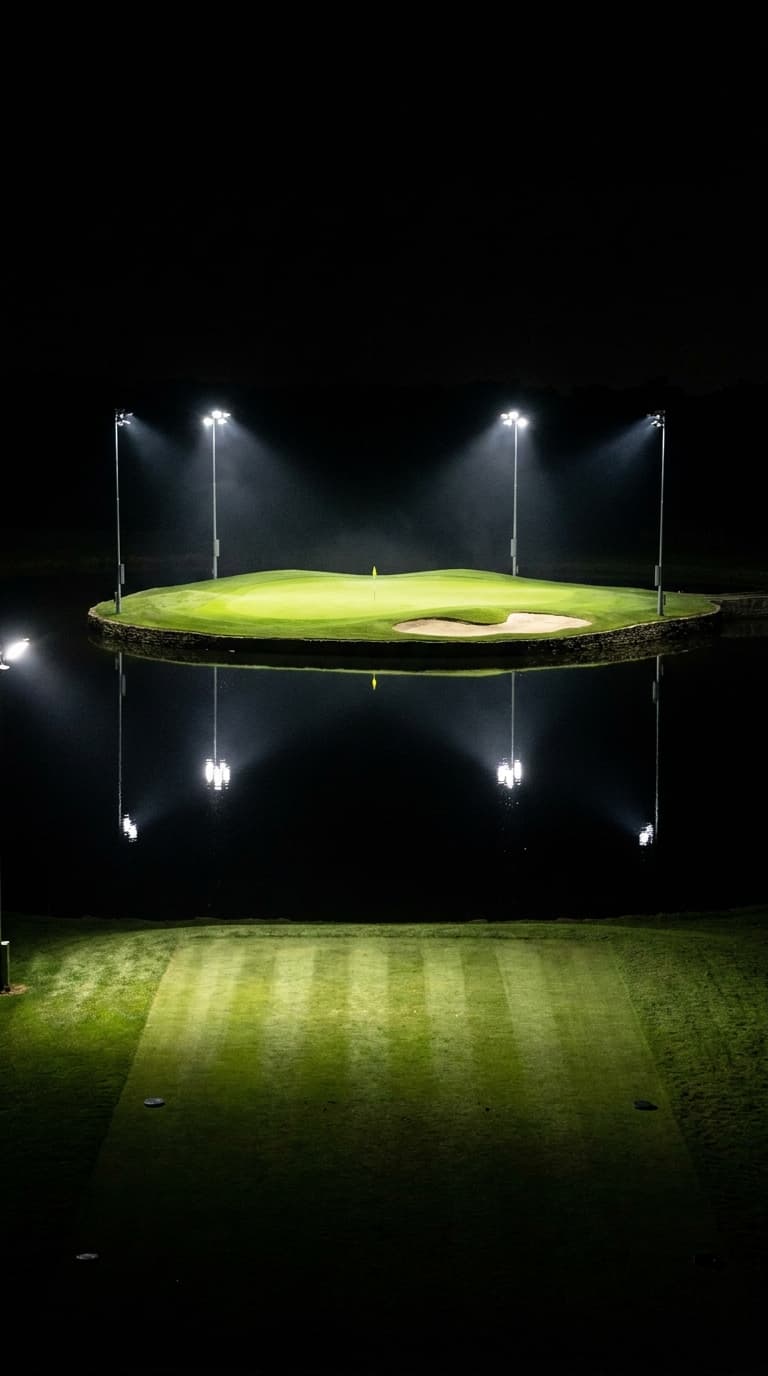 A par 3 played at night across dead still black water to an island green lit by four floodlight towers, the luminous green turf and its single flag the only colour in an otherwise black frame, the whole lit island mirrored perfectly in the water below it