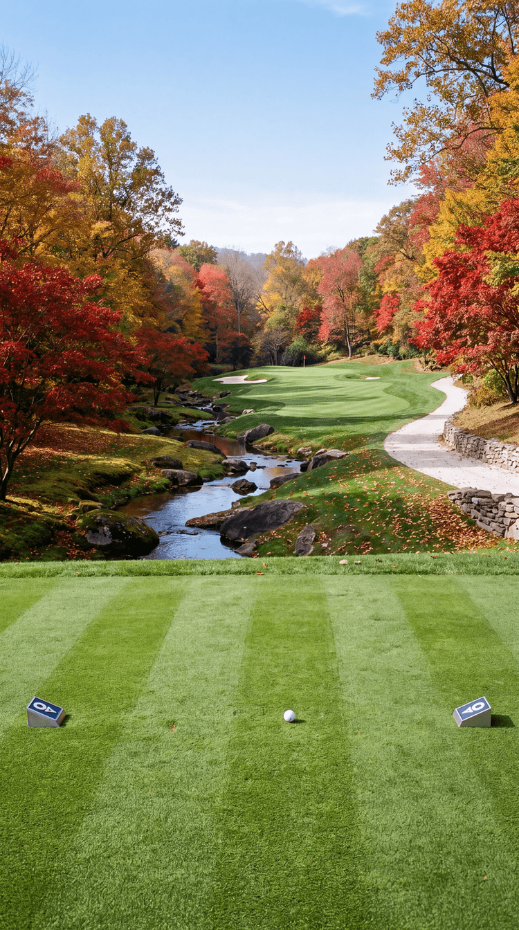 AI-imagined golf hole: a long par 3 played down a wooded valley of Japanese maples at peak autumn colour, scarlet and gold layered up both hillsides, a clear stream running over dark boulders along the valley floor and crossing in front of a green with pale bunkers, and a mown fairway curving between the trees with fallen red leaves drifted along its edges