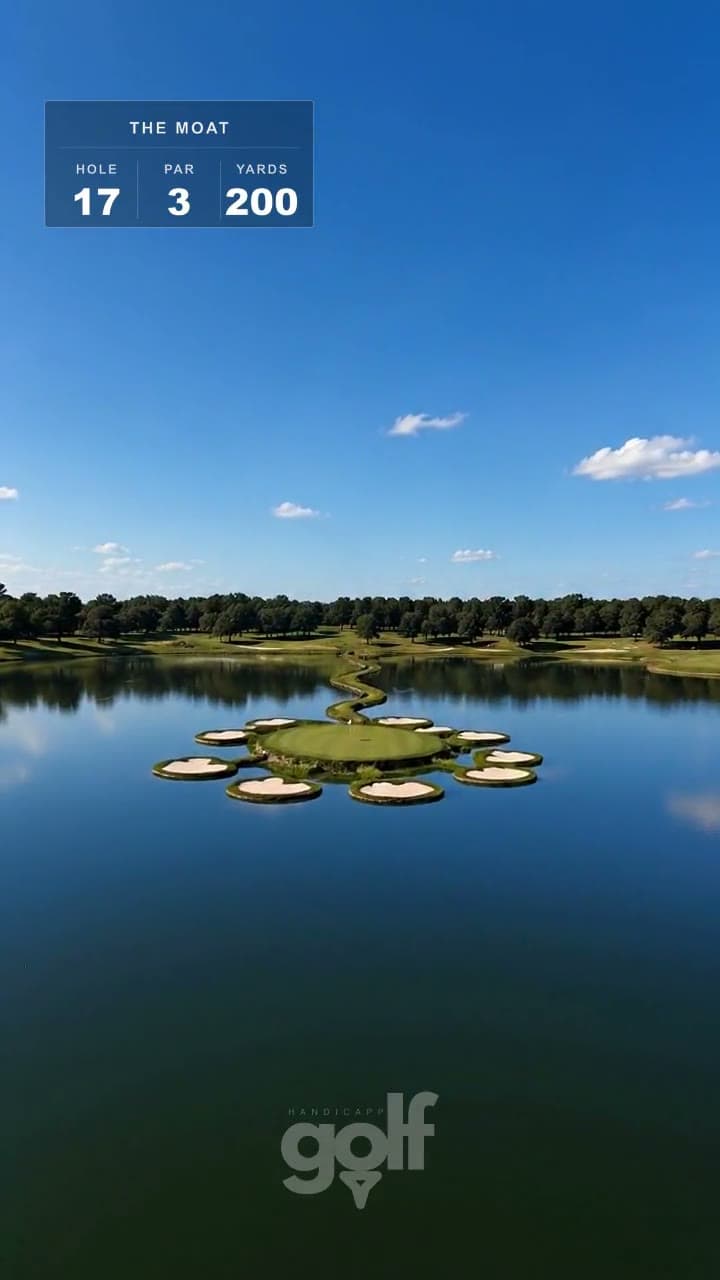 AI-imagined golf hole: a circular island green ringed by a moat of still water, with sand bunkers stranded on their own little islands around it