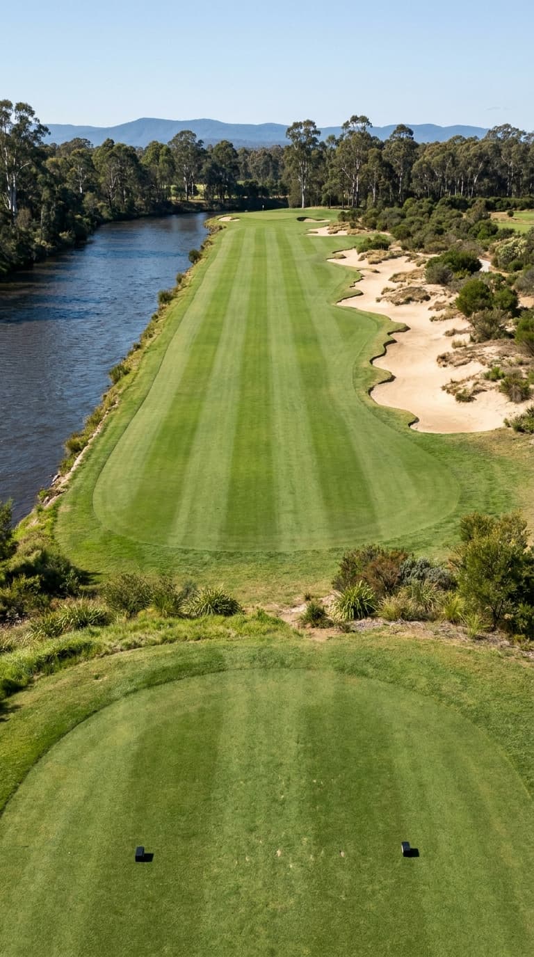 AI-imagined golf hole: a long, dead-straight, brutally narrow par 4 with a river hard down the left and a belt of sand down the right