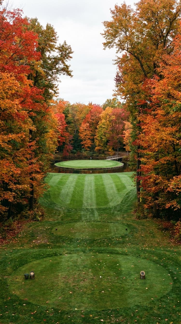 AI-imagined golf hole: a par 3 threading a tight avenue of blazing autumn trees to an island green ringed completely by water