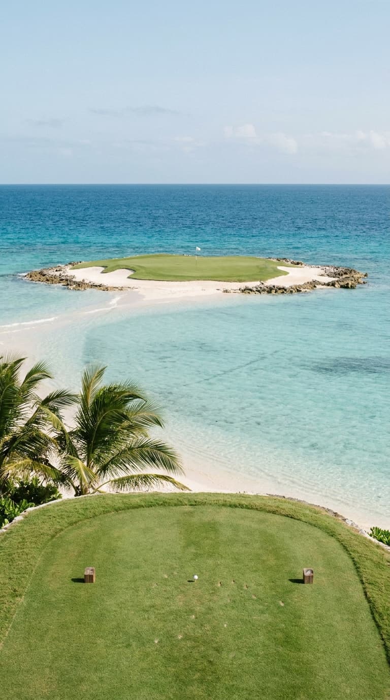 AI-imagined golf hole: a par 3 to an island green marooned on a sandbar in turquoise tropical water