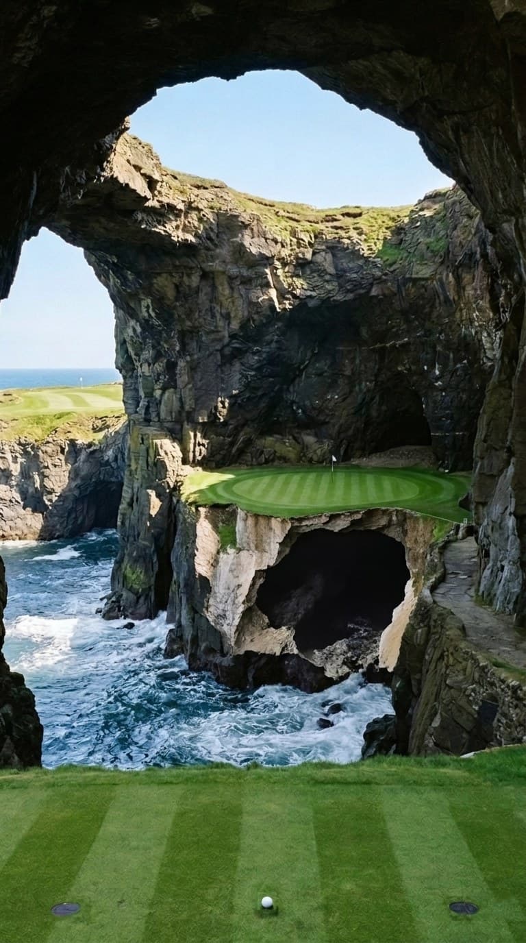 AI-imagined golf hole: a par 3 inside a sea cave with a collapsed roof, the green on a rock pillar above a hollow with the sea surging below
