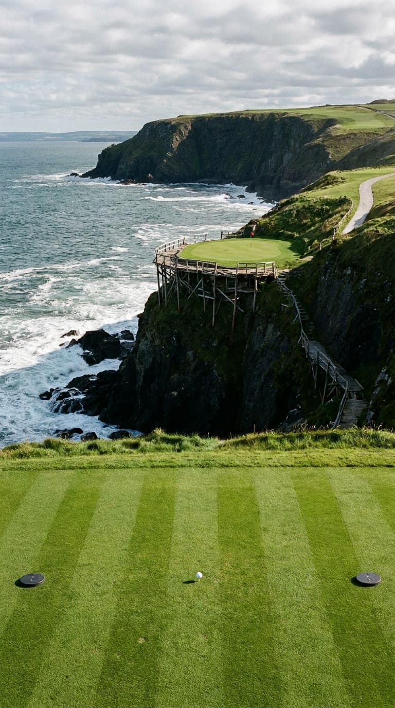 AI-imagined golf hole: a par 3 across a sea cove to a green built out of a black cliff on an old timber deck with snapped poles, a collapsed walkway down the face and Atlantic surf on the rocks below