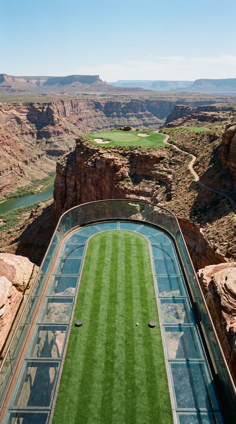 A par 3 played from a horseshoe shaped glass tee platform cantilevered out from the rim of a red sandstone canyon, a strip of striped mown turf laid down the middle of the glass with the canyon floor visible straight through it either side, to a green on the flat top of a rock butte out in the canyon with a river winding far below