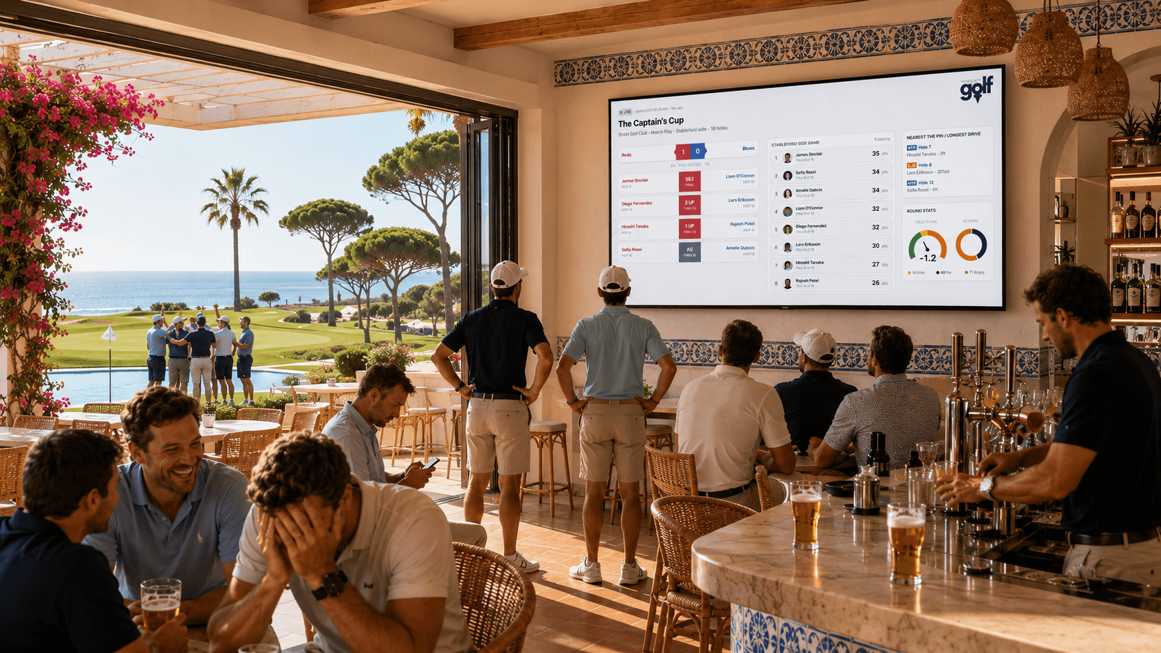 Golfers in a clubhouse bar watching a live leaderboard on the big screen