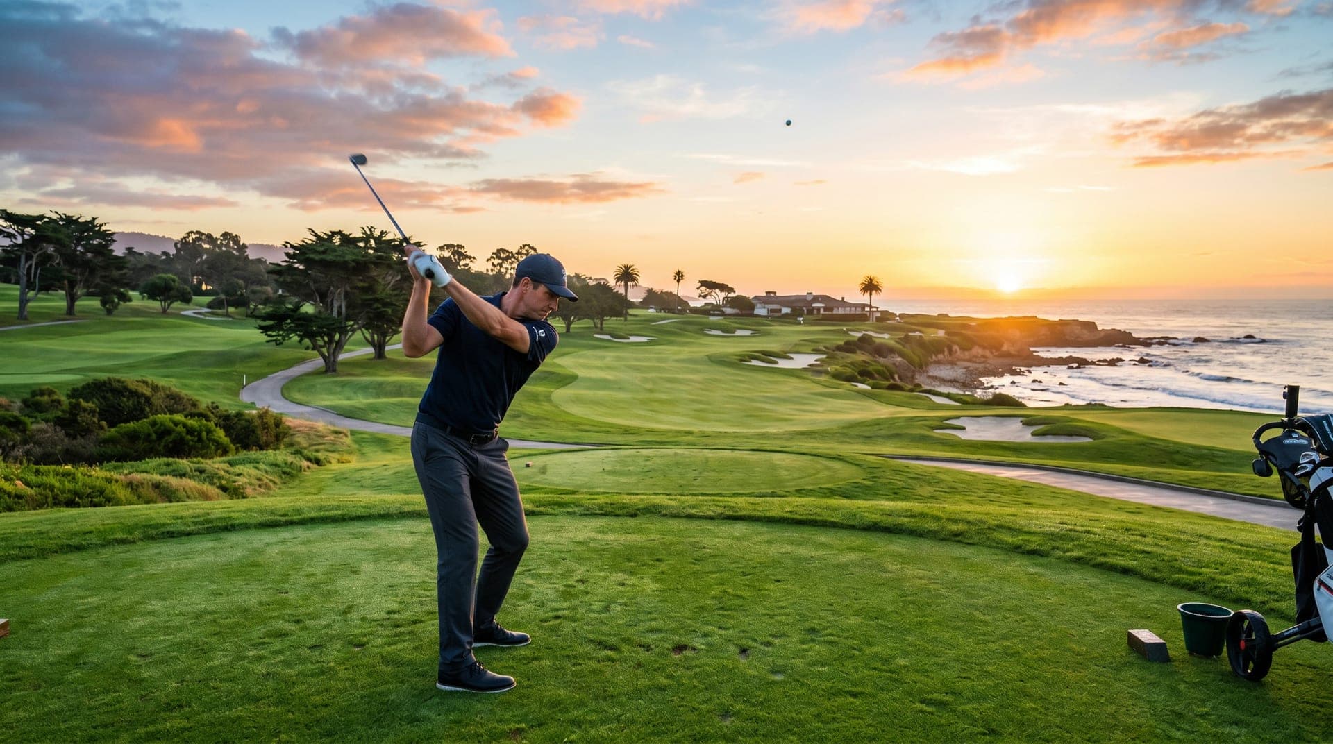 A golfer teeing off at sunset on a coastal golf course
