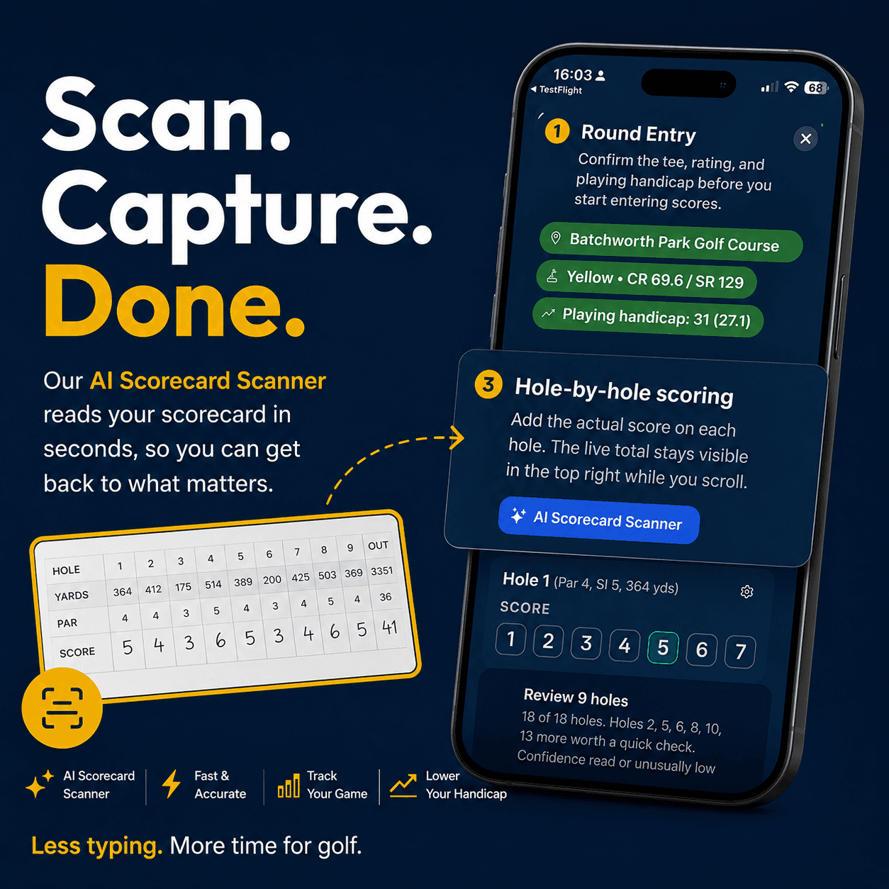 Golf Handicapp AI Scorecard Scanner: paper scorecard captured and scores filled into the app in seconds
