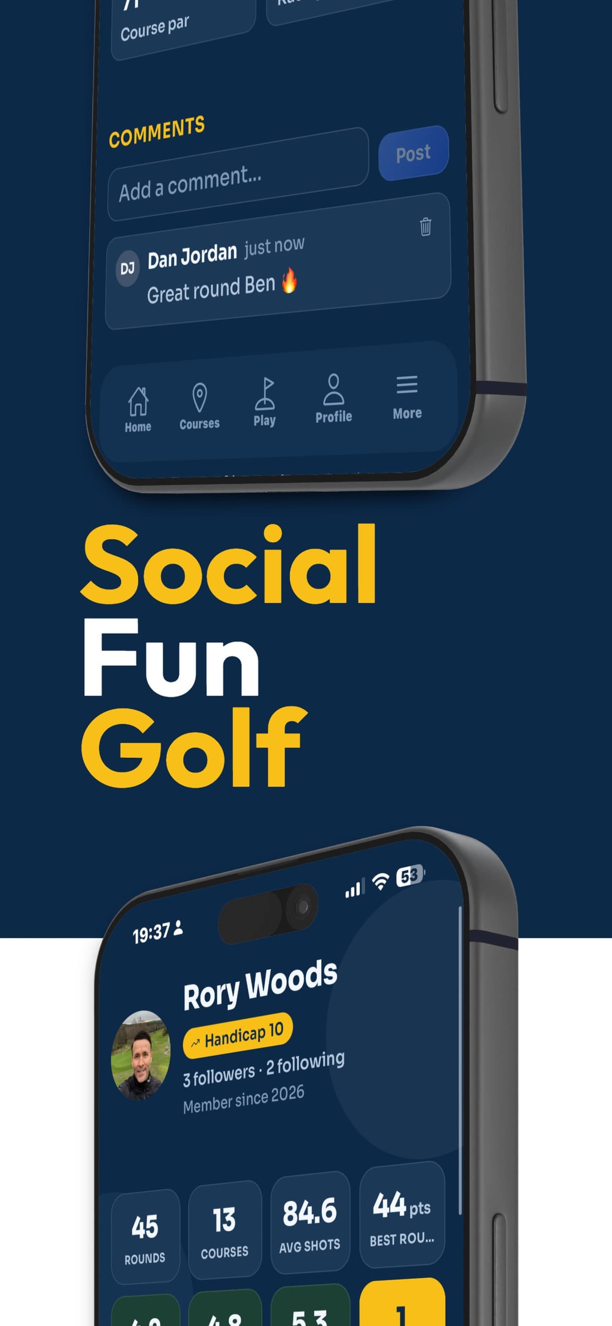 Golf Handicapp social feed with player profiles and round comments