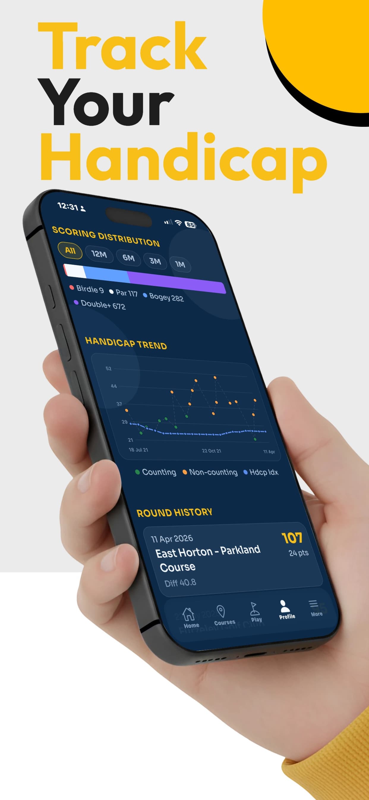 Golf Handicapp analytics screen showing a handicap trend chart