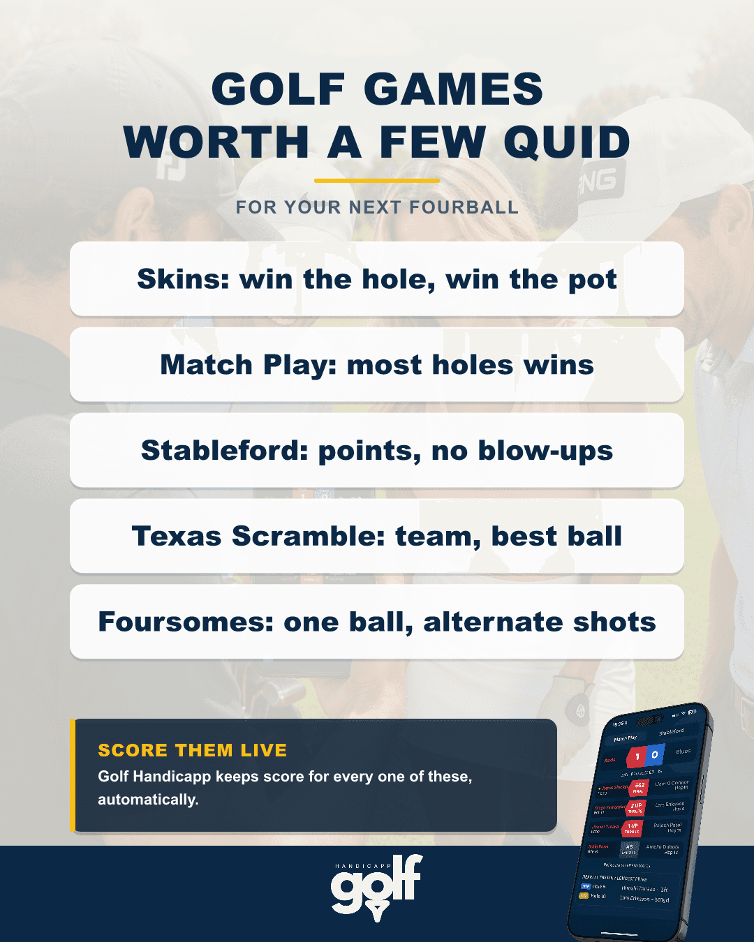 Golf Handicapp chart: five golf games for your fourball, Skins, Match Play, Stableford, Texas Scramble, Foursomes
