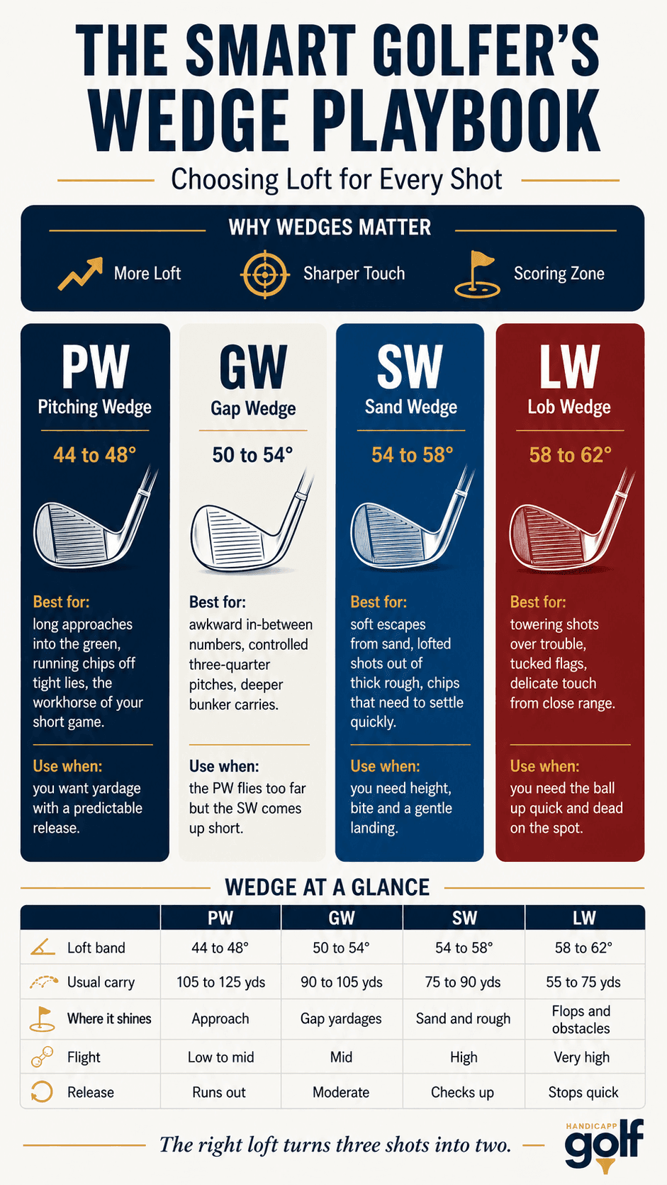 Golf Handicapp wedge playbook: pitching, gap, sand and lob wedge lofts and uses