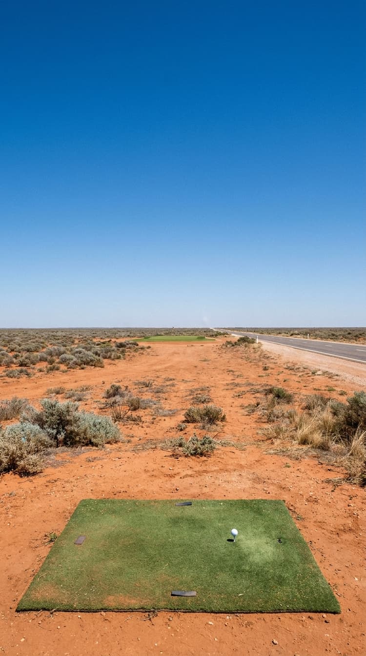 A par 3 on a vast flat red desert plain in outback Australia, an artificial turf tee mat in the foreground and a small green far off on the horizon, with a dead straight highway running to a vanishing point alongside