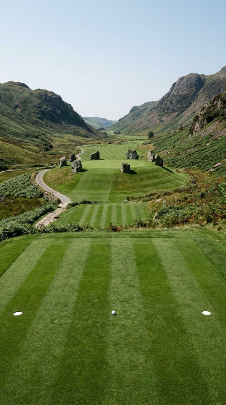 AI-imagined golf hole: a par 3 down a Lakeland valley to a green on a steep mown knoll ringed by six giant glacial boulders