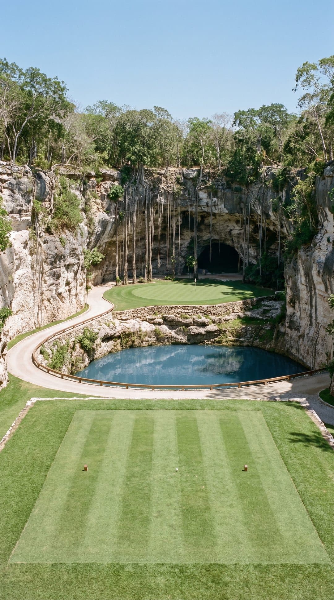AI-imagined golf hole: a short par 3 played across the inside of a limestone sinkhole to a green on a ledge