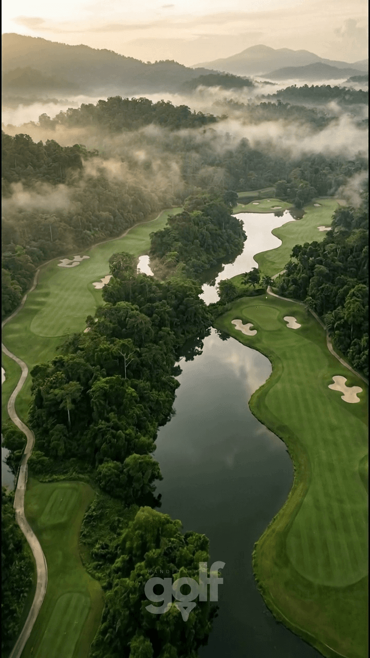 AI-imagined aerial of an entire golf course carved into misty tropical rainforest