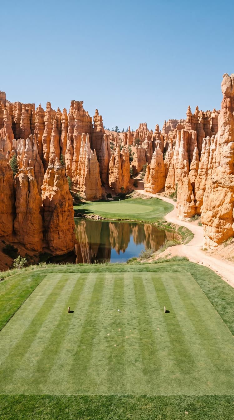 AI-imagined golf hole: a par 3 across still water into a clearing among tall orange rock spires