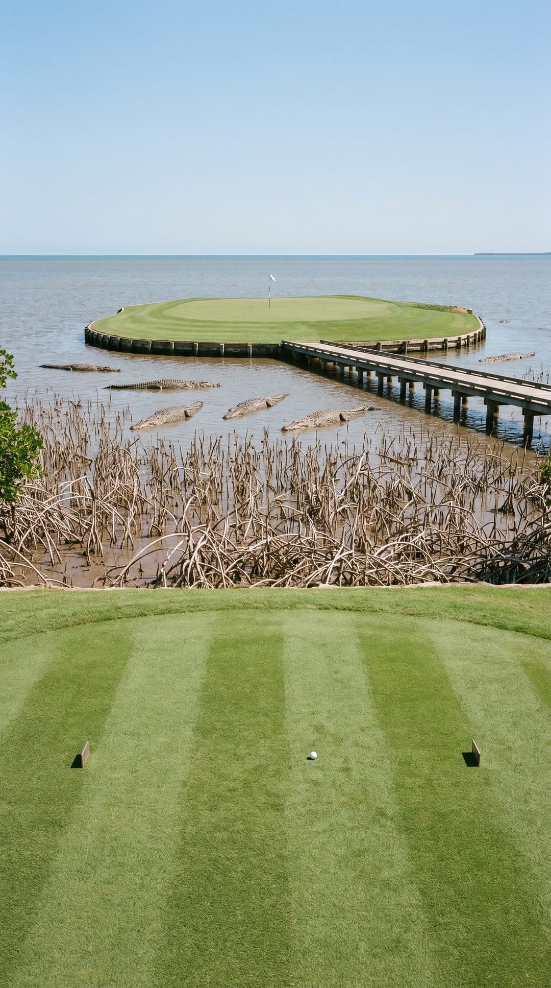 AI-imagined golf hole: a par 3 to an island green in tidal water surrounded by crocodiles