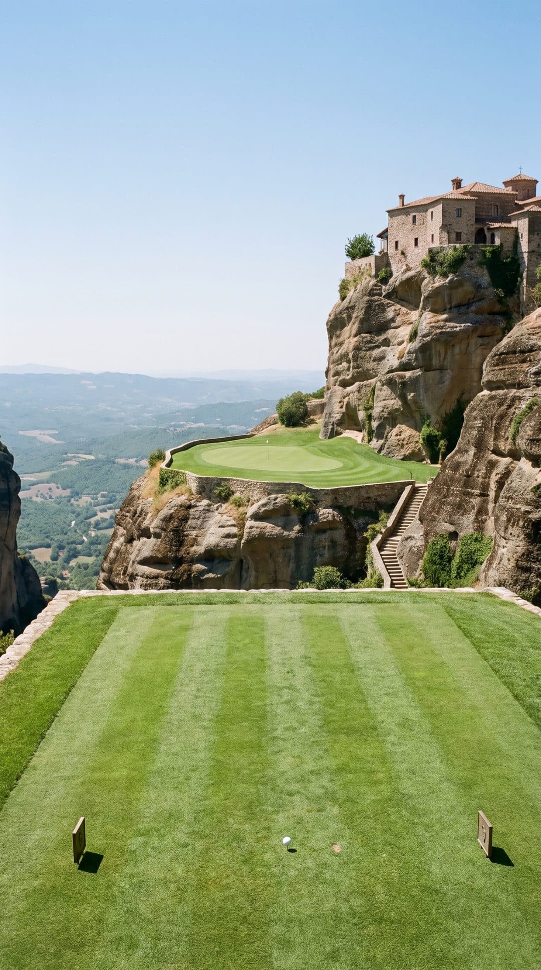 AI-imagined golf hole: a par 3 to a green on a narrow ledge below a clifftop monastery