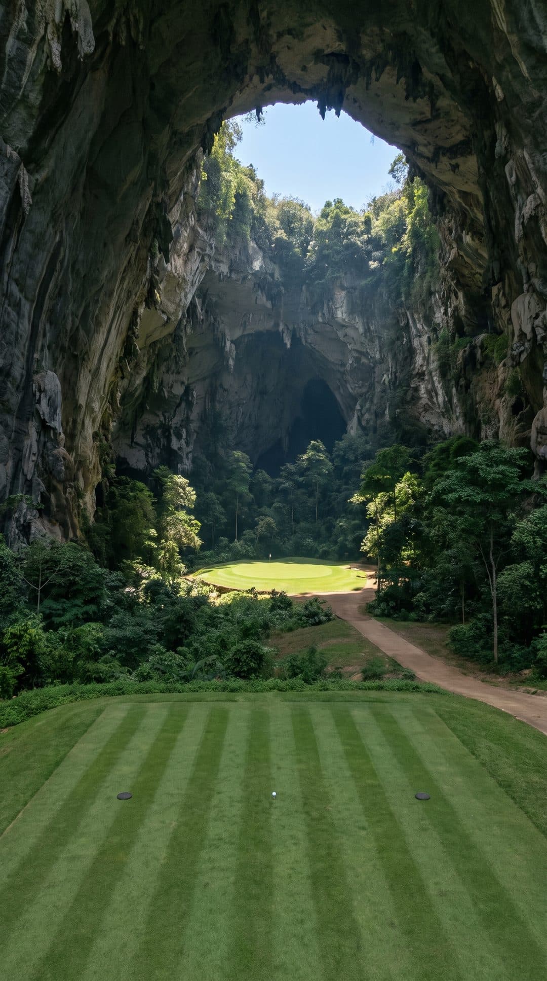 AI-imagined golf hole: a par 3 played from inside a cavern out to a sunlit green