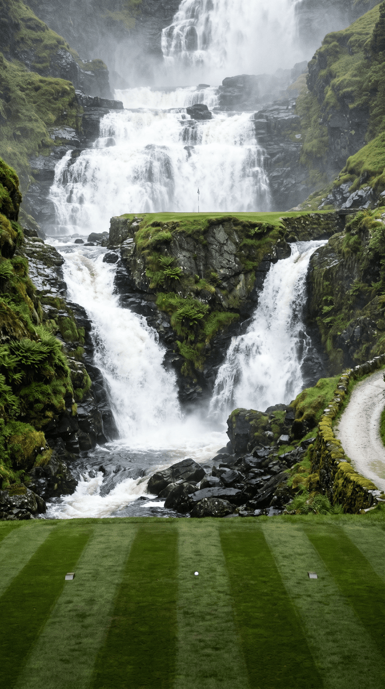 AI-imagined golf hole: a short blind par 3 played steeply uphill to a green perched on the flat top of a rock buttress in the middle of an enormous stacked cataract, the river splitting above the green and pouring down both sides of the rock in two full waterfalls, with only the front lip of the putting surface and the flag visible from the soaked striped tee below, mossy dripping walls either side and a wet gravel cart path climbing away to the right