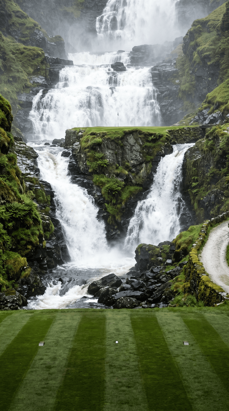 AI-imagined golf hole: a short blind par 3 played steeply uphill to a green perched on the flat top of a rock buttress in the middle of an enormous stacked cataract, the river splitting above the green and pouring down both sides of the rock in two full waterfalls, with only the front lip of the putting surface and the flag visible from the soaked striped tee below, mossy dripping walls either side and a wet gravel cart path climbing away to the right