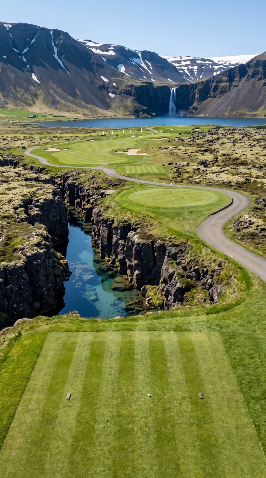 AI-imagined golf hole: a short par 3 carried over a water filled fissure in a lava field