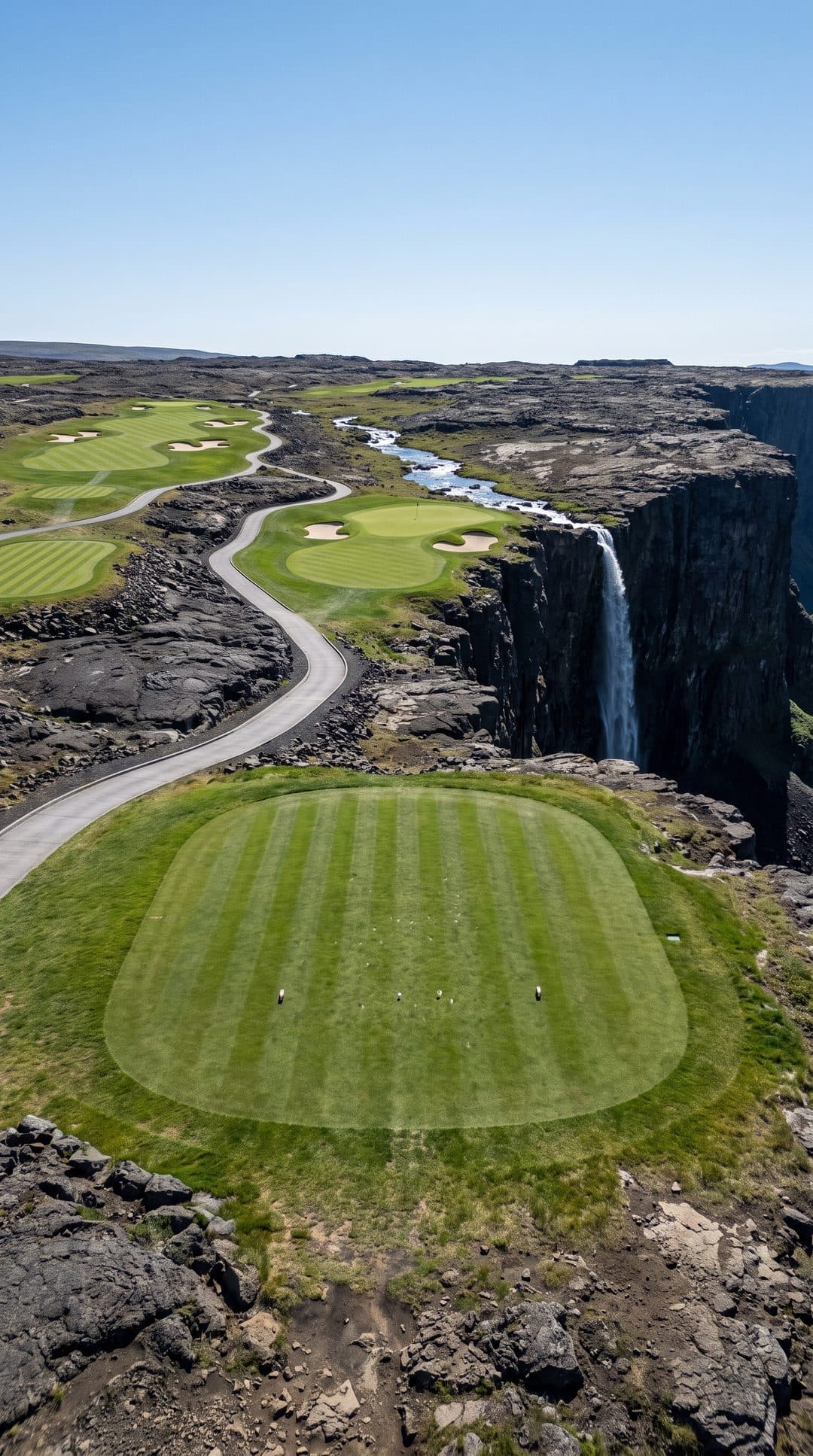 AI-imagined golf hole: a par 3 across a table mountain with a sheer cliff and waterfall down the right